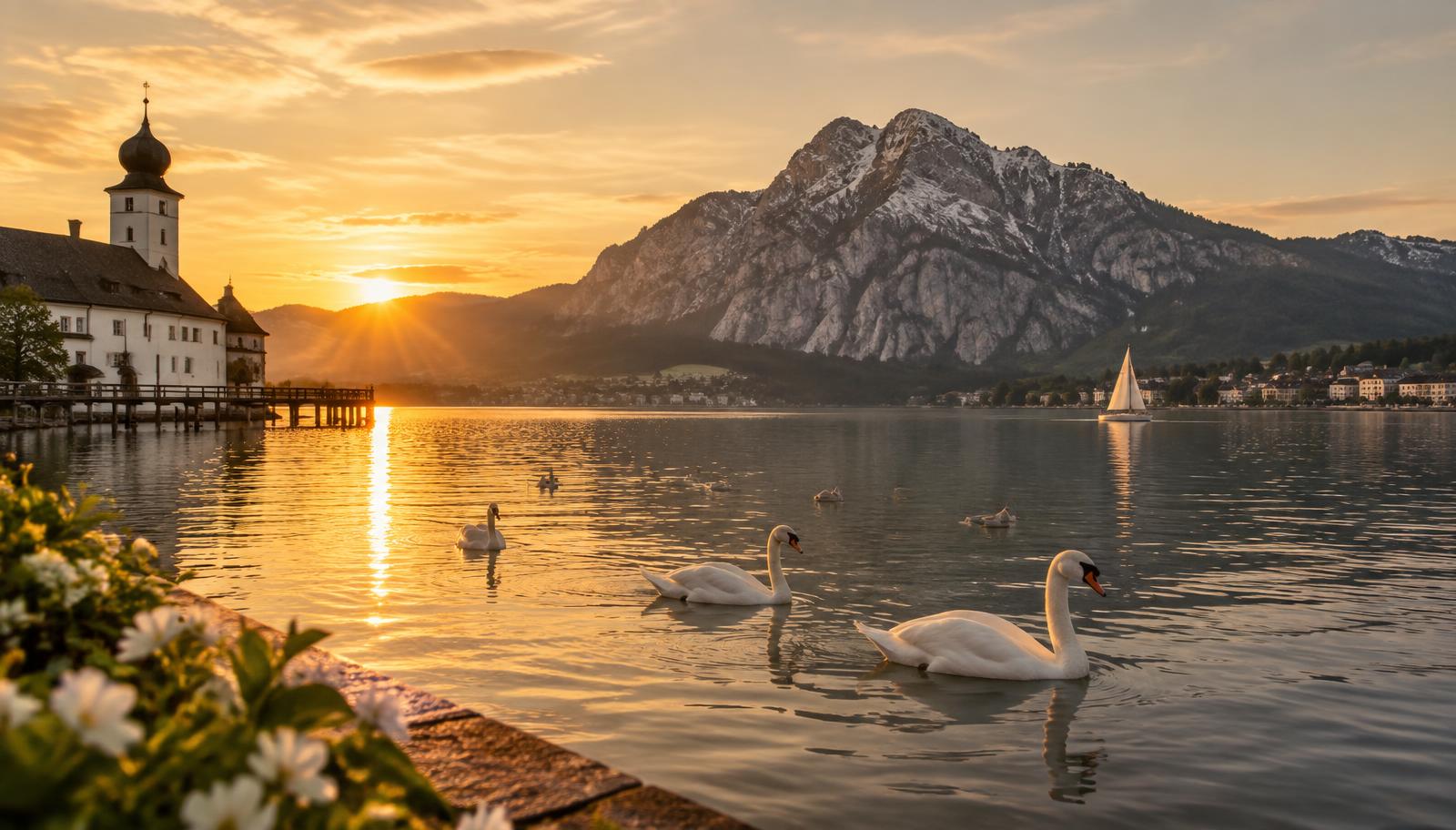 Schwäne auf dem See bei Gmunden im goldenen Abendlicht